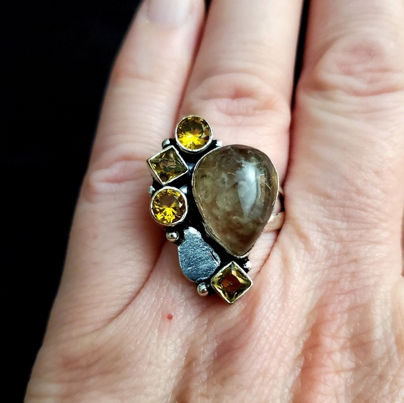 New Golden Rutilated Quartz and Citrine 925 Silver Ring. - Picture 2 of 12
